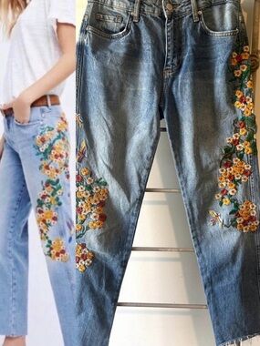 Free People Floral/Hummingbird Embroidered Jeans